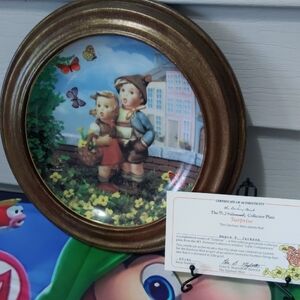 Gold Framed Vintage-Style Decorative Plate with Children Artwork